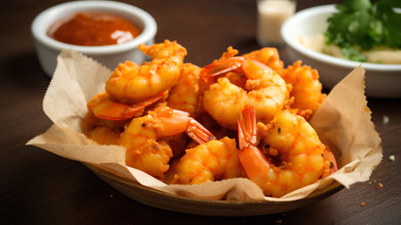 fried shrimps with sauce on a wooden table, closeupの素材