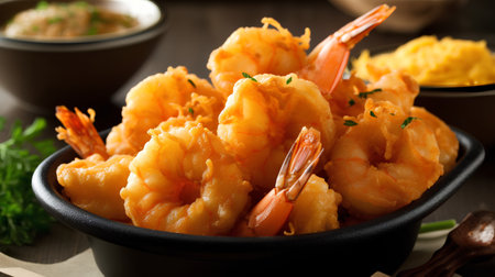 Fried Shrimps with Garlic and Cheese in Black Bowlの素材