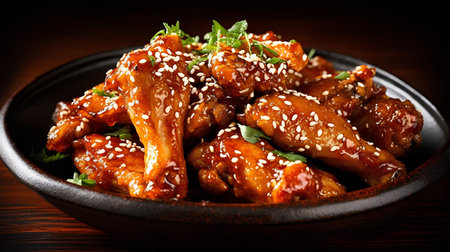 Honey glazed chicken wings in teriyaki sauce with sesame seedsの素材