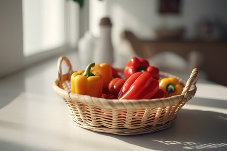 Basket with red and yellow peppers on a table in the kitchenの素材