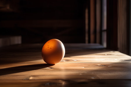 Egg on a wooden table in the light of the morning sunの素材