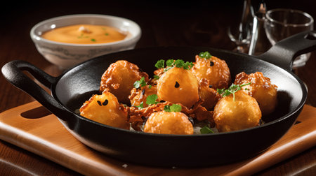 Deep-fried dumplings in a cast-iron frying panの素材