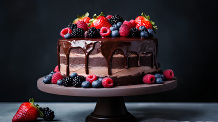 Chocolate cake with fresh berries on a dark background. Selective focus.の素材
