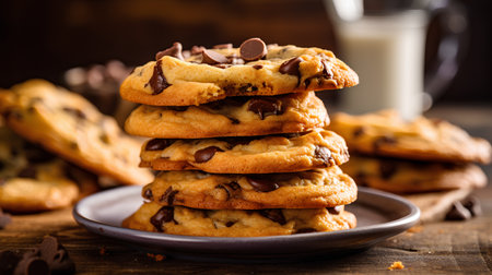 Chocolate chip cookies on a wooden table. Selective focus.の素材