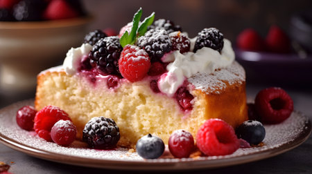 Cake with berries on a dark background. Selective focus.の素材