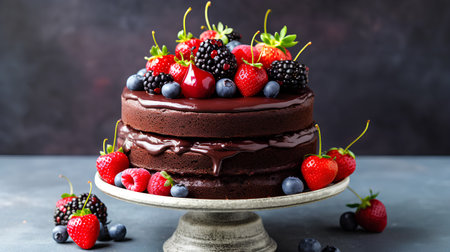 Chocolate cake with berries on a dark background. Selective focus.の素材