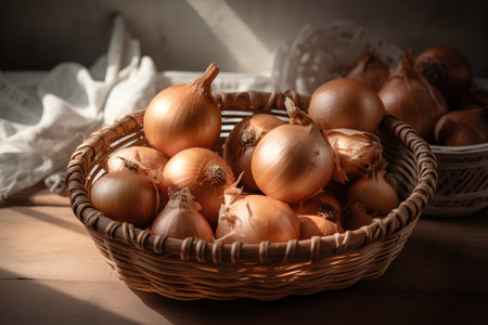 onions in a wicker basket on a wooden background. tintingの素材