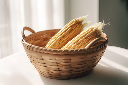 Fresh corn in a wicker basket on a light background. Toned.の素材
