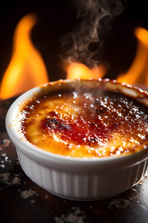 Creme brulee in white ramekin on fire background.の素材
