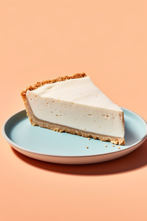 Piece of cheesecake on a blue plate isolated on orange backgroundの素材