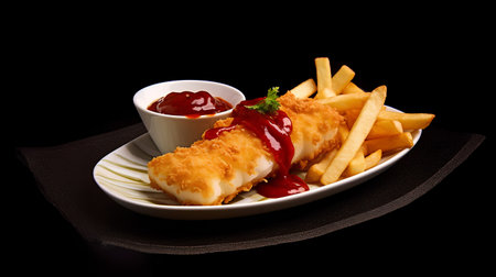 Fish and chips with ketchup on a plate isolated on black backgroundの素材