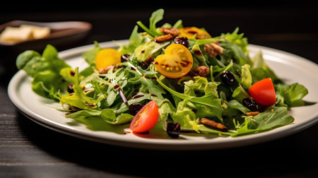 Fresh salad with arugula, cherry tomatoes and walnuts on a plateの素材