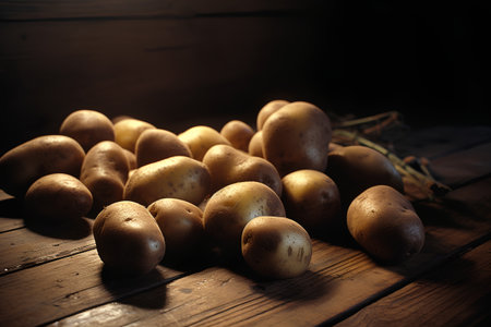 Potatoes on a wooden table in a rustic style. Selective focus.の素材