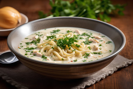 Spaghetti carbonara with cream sauce and parsley in a bowlの素材