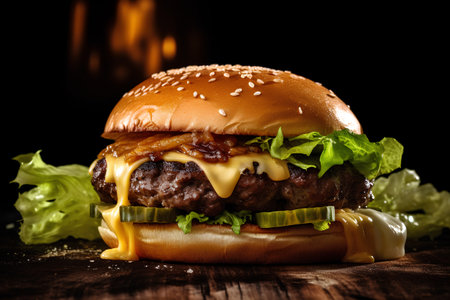 Hamburger on a wooden table with a fire in the backgroundの素材