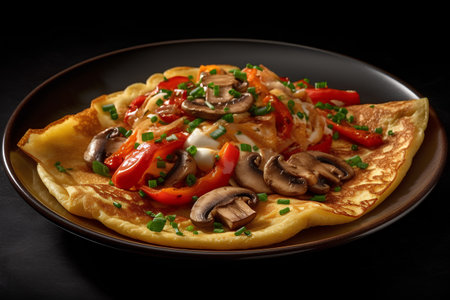 Omelette with mushrooms, cheese and tomatoes on black background.の素材
