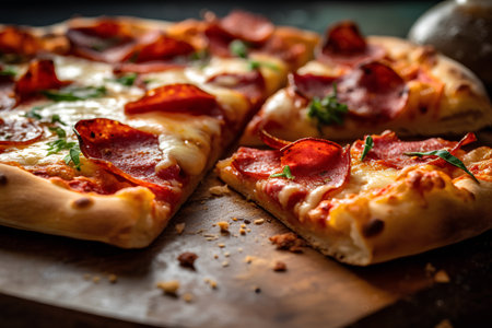 Pizza with salami and mozzarella cheese, selective focusの素材