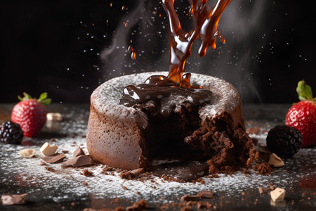 Chocolate bundt cake with fresh berries and chocolate sauce on dark backgroundの素材