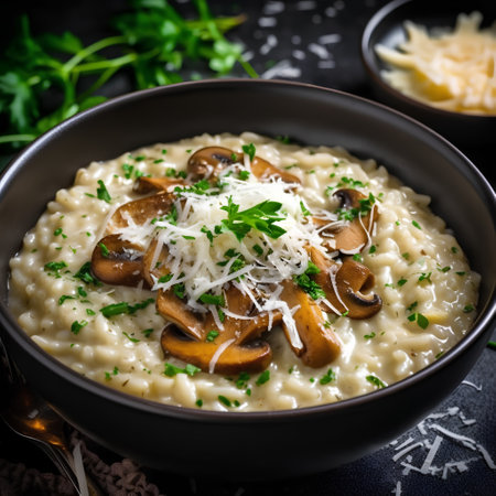 Risotto with mushrooms, cheese and parsley in a bowlの素材