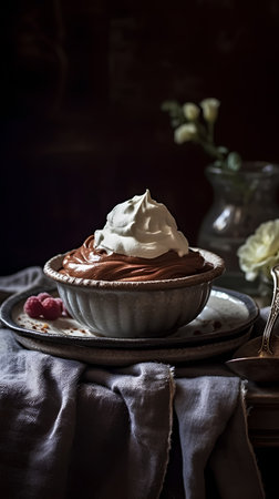 Chocolate meringue dessert with whipped cream and fresh raspberriesの素材