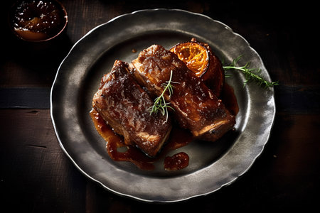 roasted pork ribs with rosemary and orange on a dark backgroundの素材