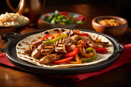 Grilled chicken fillet with bell pepper and onion on tortillaの素材