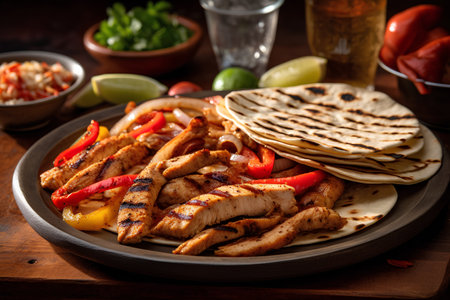 Grilled chicken fillet with vegetables and tortillas on wooden tableの素材