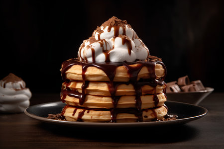 Stack of belgian waffles with ice cream, chocolate syrup and whipped creamの素材