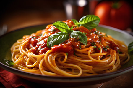 Spaghetti Bolognese with tomato sauce and basil leafsの素材