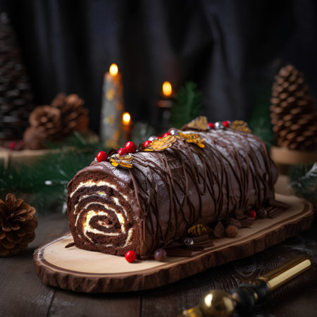 Chocolate roll cake with raisins on a wooden background.の素材