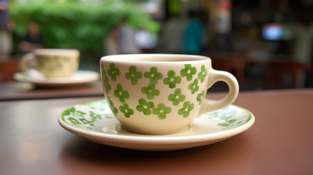 Coffee cup on table in coffee shop blur background with bokeh imageの素材