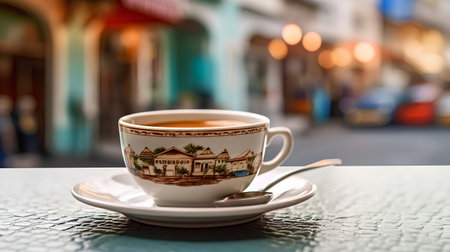 Coffee cup and saucer on the table in coffee shopの素材