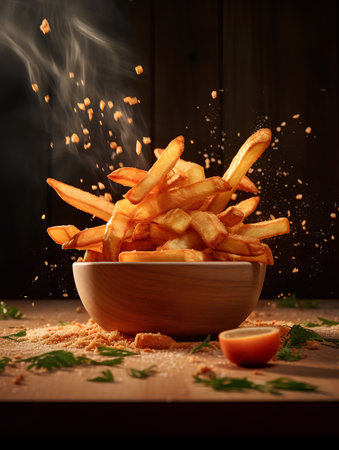 Golden French fries in a wooden bowl on a dark wooden background.の素材