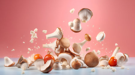 Mushrooms levitation on a pink background. Healthy food concept.の素材