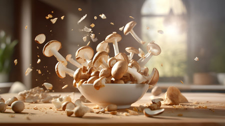 Shiitake mushrooms flying out of a bowl on a wooden tableの素材