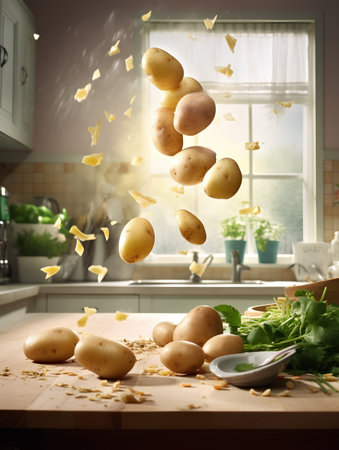 Flying potatoes on kitchen table with flying ingredients. Food levitation conceptの素材