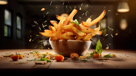 french fries in a wooden bowl on a wooden table in a restaurantの素材