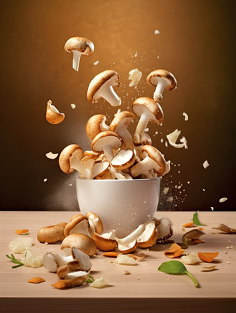 Mushrooms flying in the air with splashes on brown backgroundの素材