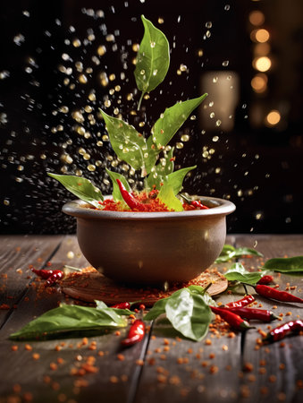 Mortar with chili peppers and splashes of water on wooden tableの素材