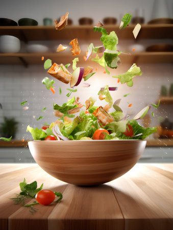 Vegetable salad with salmon and croutons flying in the airの素材