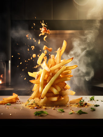 Falling french fries into the air on a wooden board in the kitchenの素材