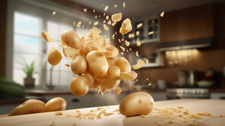 Flying potato on kitchen table. Food levitation concept. 3D Renderingの素材
