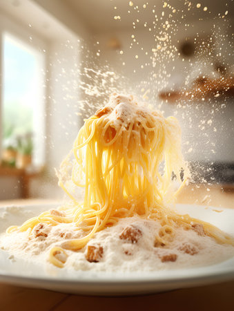 Spaghetti with flying flour on a white plate in the kitchen.の素材
