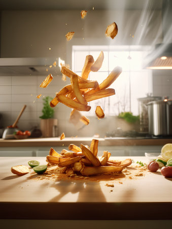 Falling french fries on the table in the kitchen. Fast food conceptの素材