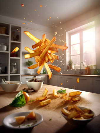 Flying french fries on the table in the kitchen. 3d renderingの素材