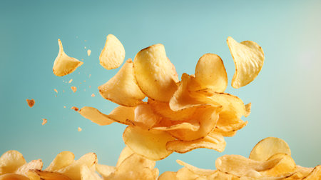 Flying potato chips on blue background. Concept of fast food and unhealthy eating.の素材
