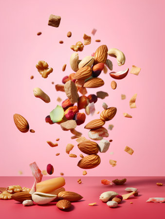 Mixed nuts falling into the air on a pink background. 3d renderingの素材