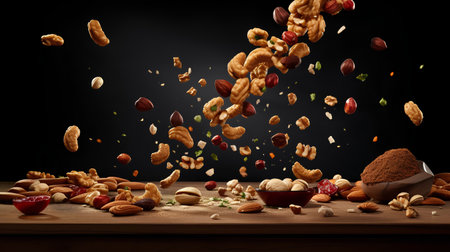 Flying nuts and dried fruits on wooden table with black background. Mixed mediaの素材