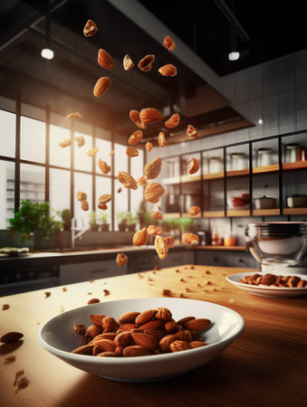 Flying almonds in a bowl on a wooden table. 3d renderingの素材