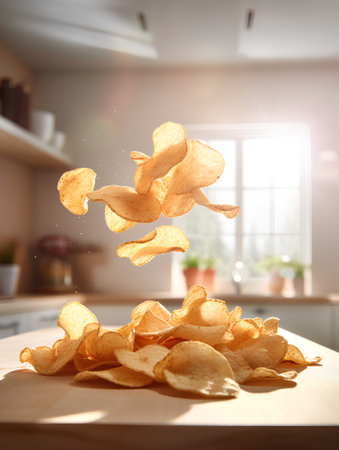 Flying potato chips on the table in the kitchen. Close-upの素材
